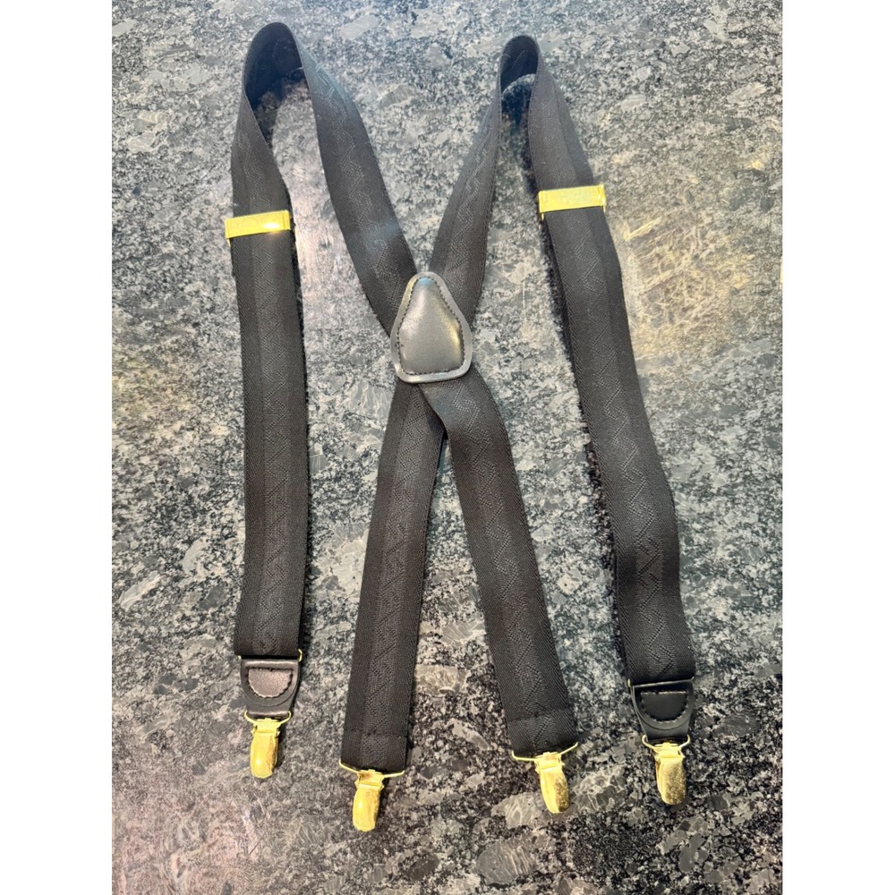 Black Adjustable Suspenders Gold Tone Clips 35–45" Woven Pattern Dress Formal